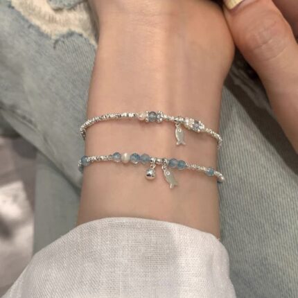 Summer Blue Beaded Silver Fish Bracelet