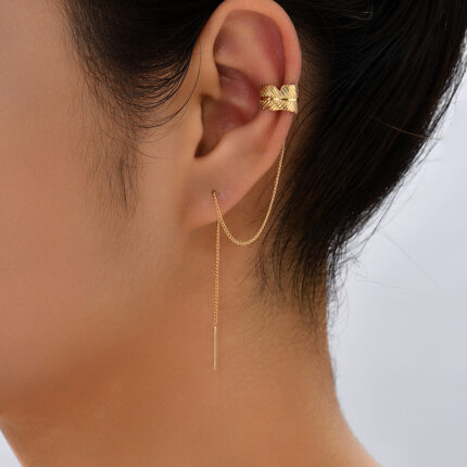 Cross Border Jewelry Personality Leaf Ear Bone Clip Super Long Personality Tassel Ear Thread Earrings